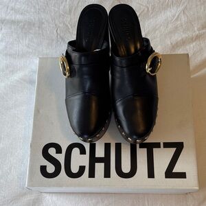 SCHUTZ Black Clog with Gold Buckle
